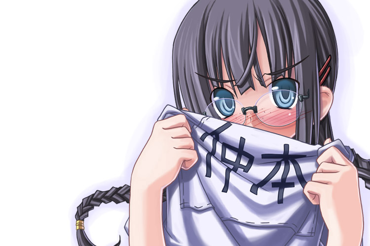 :| black_hair blue_eyes blush braid close-up closed_mouth covering_mouth embarrassed face freckles glasses hair_ornament hairclip looking_at_viewer original sakuya_tsuitachi shirt_lift simple_background single_braid solo translated v-shaped_eyebrows white_background