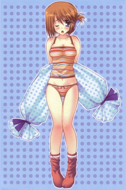 artist_request blue_eyes blush bow bow_panties brown_hair camisole folded_ponytail komaki_manaka lace lace-trimmed_panties lingerie multicolored multicolored_clothes multicolored_panties panties socks solo striped striped_panties thigh_gap to_heart_2 underwear wince