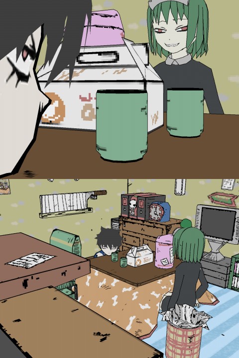 1girl alarm_clock artist_request bandages black_hair bone_print book box chair clock comic cup futaba_channel indoors iya_maid kotatsu long_sleeves looking_at_another marimo paper red_eyes sharp_teeth shelf silent_comic sitting table teeth television trash_can weapon