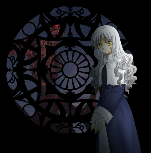 1girl architecture artist_request avenger capelet caren_hortensia curly_hair fate/hollow_ataraxia fate/stay_night fate_(series) full_body_tattoo glowing glowing_eyes gothic_architecture long_hair long_sleeves silhouette silver_hair standing tattoo v_arms window yellow_eyes