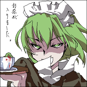 artist_request blood close-up cup evil_grin evil_smile green_eyes green_hair grin iya_maid long_sleeves lowres maid maid_headdress marimo oekaki original short_hair smile solo teacup translation_request tray