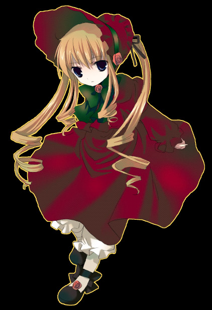 black_background blonde_hair blue_eyes bonnet bow bowtie dress flower frills full_body long_hair long_sleeves looking_at_viewer mary_janes namori red_dress rose rozen_maiden shinku shoes sidelocks simple_background solo standing twintails