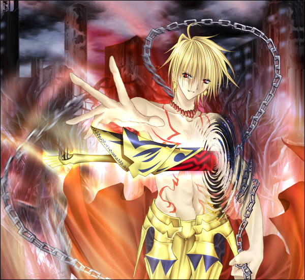 artist_request blonde_hair cape chain ea_(fate/stay_night) enkidu_(weapon) fate/stay_night fate_(series) gate_of_babylon gilgamesh male_focus ready_to_draw shirtless solo tattoo