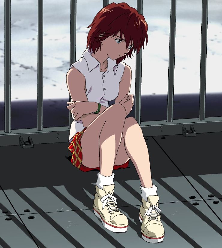 against_fence artist_request bangs blue_eyes breasts buttons closed_mouth collared_shirt convenient_leg crossed_arms expressionless fence flipped_hair full_body hair_between_eyes kirishima_mana knees_up looking_down miniskirt neon_genesis_evangelion neon_genesis_evangelion:_iron_maiden plaid plaid_skirt red_hair school_uniform shade shadow shirt shoes short_hair sitting skirt sleeveless sleeveless_shirt small_breasts sneakers socks solo watch wristwatch