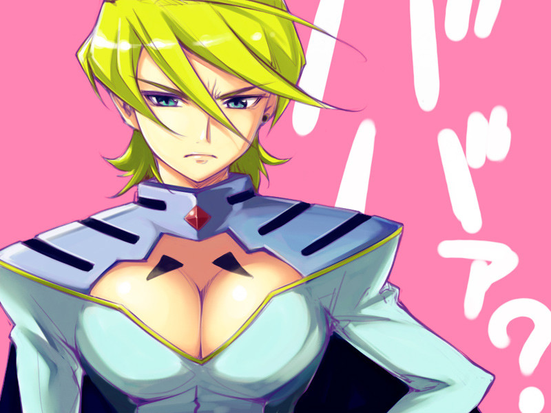 blonde_hair breasts cleavage cleavage_cutout green_eyes large_breasts maria_graceburt my-otome short_hair solo younger yurikawa