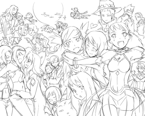 :d ^_^ aircraft airplane armor bracelet character_request closed_eyes dress everyone full_moon greyscale hug jewelry kyo_(kuroichigo) looking_at_viewer looking_away monochrome moon multiple_girls my-otome navel open_mouth outstretched_arm propeller shirt smile standing sweatdrop thigh_gap weapon yuri