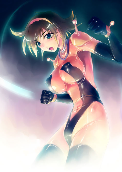 amei_sumeru black_gloves black_leotard blush breasts brown_hair covered_nipples earrings g_gundam gloves green_eyes gundam hairband impossible_clothes impossible_leotard jewelry large_breasts leotard mobile_trace_suit open_mouth pink_leotard rain_mikamura shiny shiny_clothes skin_tight solo thighhighs