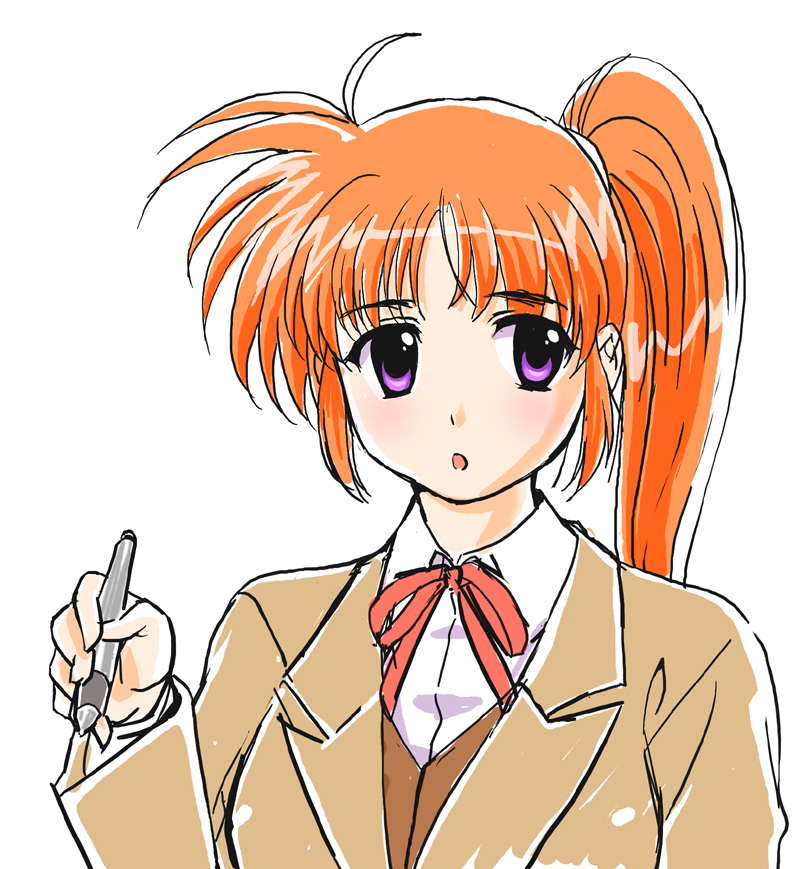 :o bangs blazer blush brown_hair brown_jacket brown_vest collared_shirt error eyebrows_visible_through_hair g-tetsu hair_tie hand_up holding holding_pen jacket long_hair long_sleeves looking_at_viewer lyrical_nanoha mahou_shoujo_lyrical_nanoha mahou_shoujo_lyrical_nanoha_a's open_mouth parted_bangs pen purple_eyes red_ribbon ribbon school_uniform seishou_middle_school_uniform shirt side_ponytail simple_background solo surprised takamachi_nanoha vest white_background white_shirt