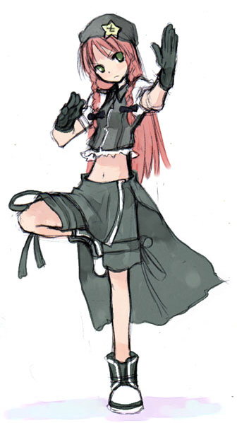 artist_request braid cosplay final_fantasy final_fantasy_vii final_fantasy_vii_advent_children gloves green_eyes hong_meiling long_hair midriff puffy_short_sleeves puffy_sleeves red_hair shoes short_sleeves simple_background solo star tifa_lockhart touhou twin_braids white_background
