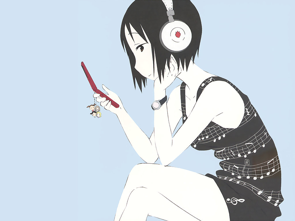 artist_request beamed_eighth_notes black_hair cellphone cellphone_charm dress eighth_note eighth_rest flat_color headphones ichigo_mashimaro itou_nobue listening_to_music musical_note pale_skin phone quarter_note quarter_rest short_hair solo staff_(music) treble_clef wallpaper watch wristwatch
