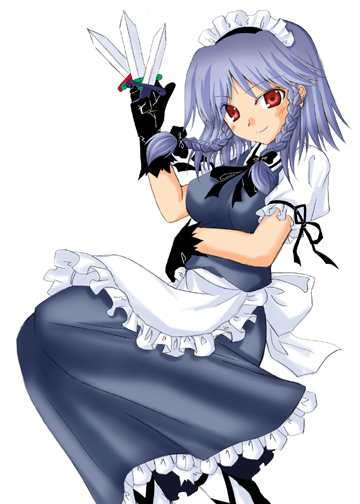 apron between_fingers black_gloves braid gloves izayoi_sakuya knife looking_at_viewer maid mirato puffy_short_sleeves puffy_sleeves red_eyes short_sleeves simple_background smile solo touhou twin_braids white_background