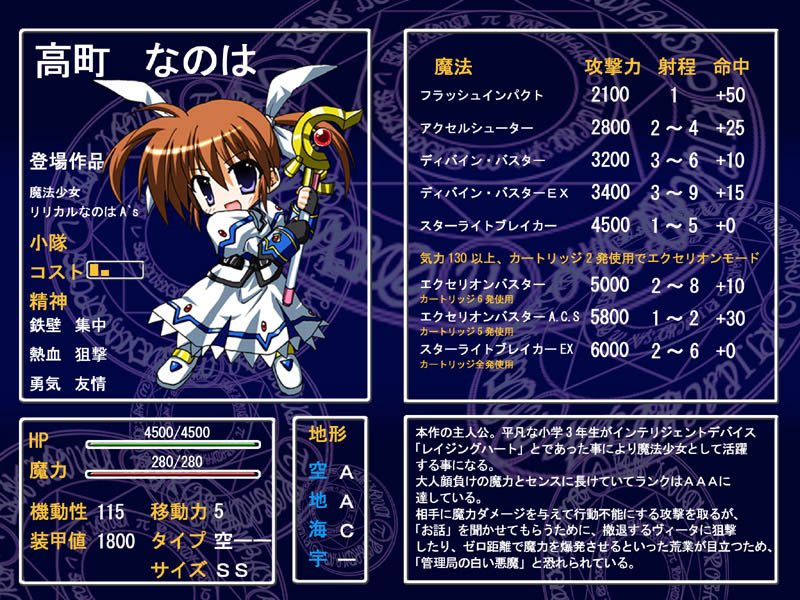 artist_request brown_hair fingerless_gloves gloves holding holding_staff lyrical_nanoha magical_girl mahou_shoujo_lyrical_nanoha parody partially_translated purple_eyes raising_heart solo source_request staff super_robot_wars takamachi_nanoha translation_request twintails
