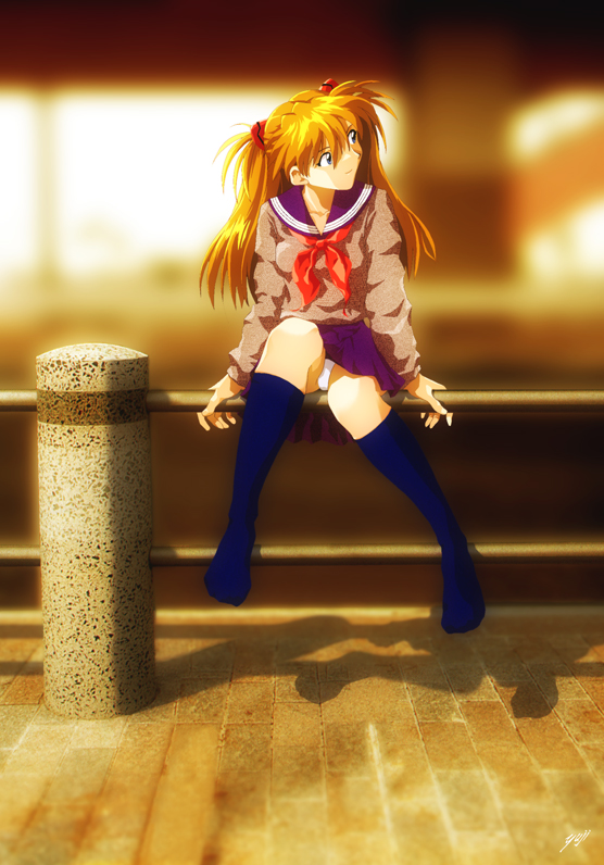 black_legwear kneehighs kobayashi_yuuji long_hair long_sleeves neon_genesis_evangelion panties school_uniform sitting sitting_on_railing socks solo souryuu_asuka_langley underwear white_panties