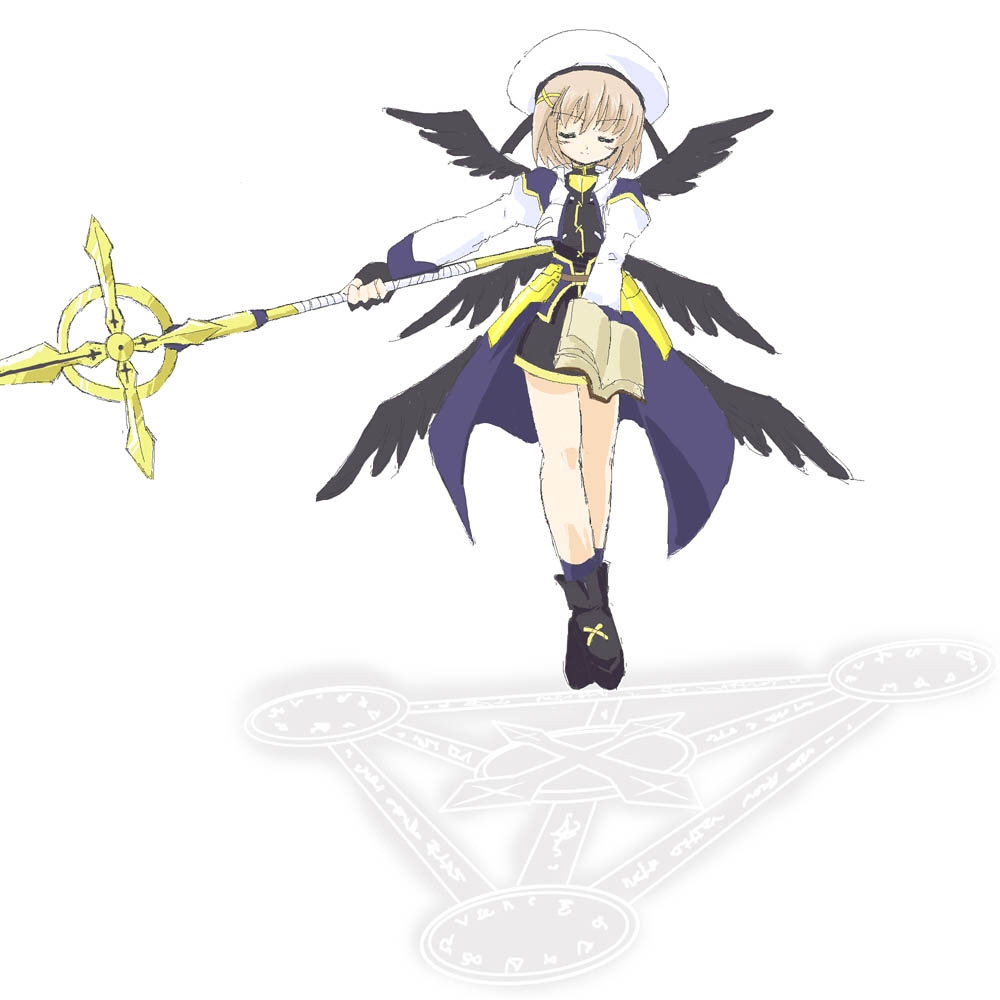 artist_request blonde_hair book fingerless_gloves gloves hair_ornament hat long_sleeves lyrical_nanoha mahou_shoujo_lyrical_nanoha mahou_shoujo_lyrical_nanoha_a's multiple_wings schwertkreuz solo staff tome_of_the_night_sky unison waist_cape wings x_hair_ornament yagami_hayate