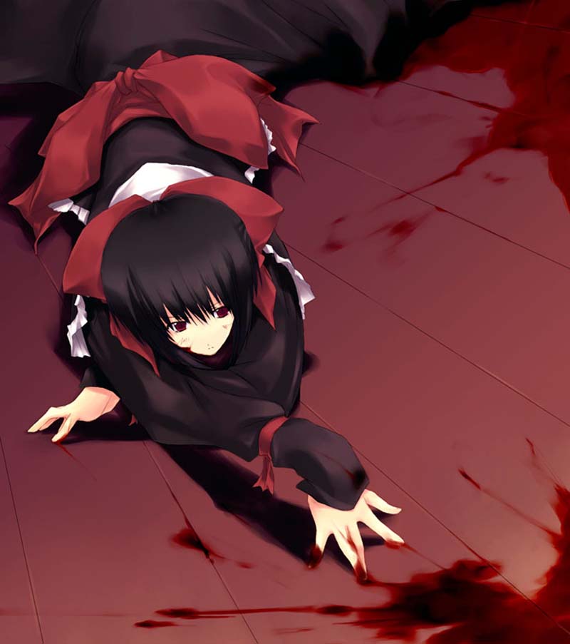abimaru black_hair blood blood_on_face blood_stain bloody_hands bow character_request copyright_request dress hair_bow hair_ribbon long_sleeves maid pool_of_blood red_eyes ribbon serious short_hair solo source_request