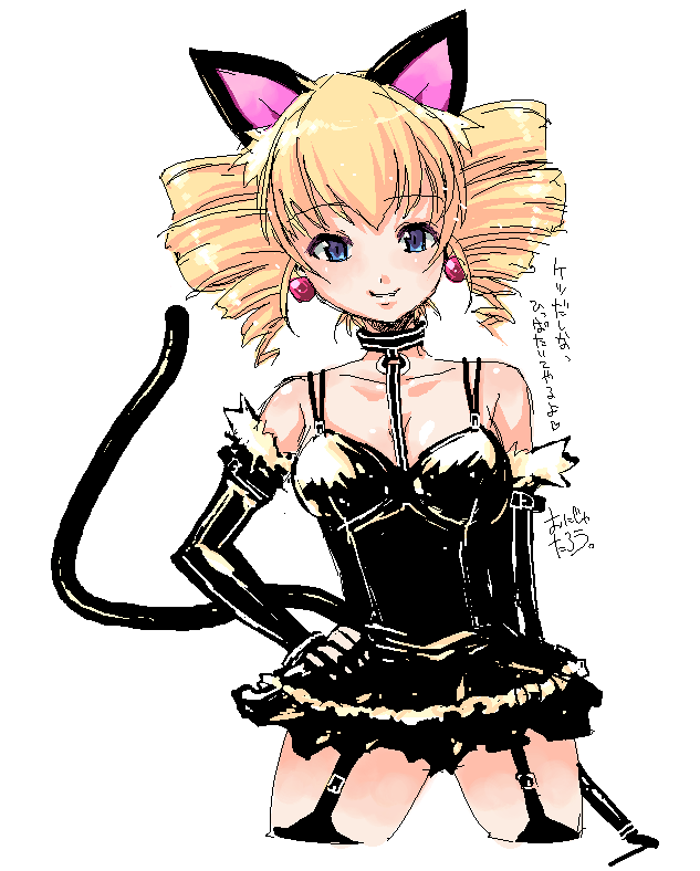 animal_ears black_dress black_gloves black_legwear cat_ears copyright_request cropped_legs dress drill_hair earrings elbow_gloves eyebrows_visible_through_hair fur_trim garter_straps gloves hand_on_hip jewelry looking_at_viewer oekaki onija_tarou simple_background smile solo spaghetti_strap thighhighs white_background