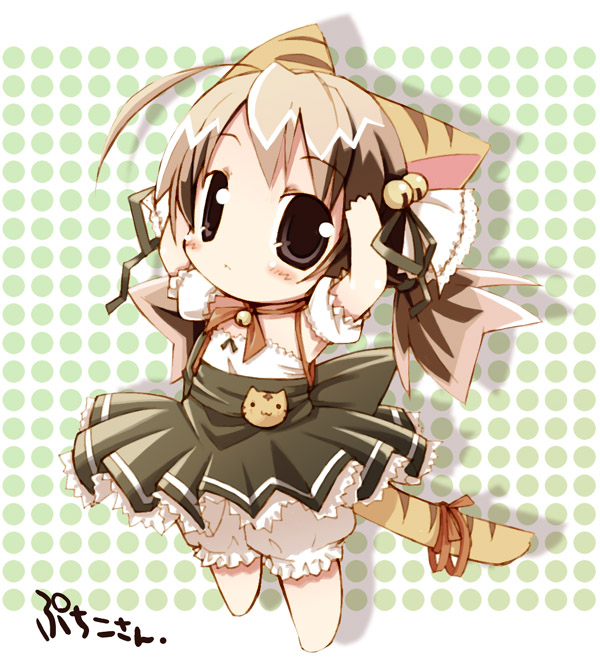 ahoge animal_ears armpits arms_up artist_request barefoot bell black_ribbon bloomers blush brown_eyes brown_hair cat_ears cat_tail character_name chibi choker detached_sleeves di_gi_charat dress flat_chest frilled_dress frills full_body green_skirt hair_bell hair_ornament hair_ribbon high-waist_skirt jingle_bell long_hair looking_at_viewer neck_ribbon orange_choker orange_ribbon pleated_skirt polka_dot polka_dot_background puchiko puffy_short_sleeves puffy_sleeves red_ribbon ribbon ribbon_choker short_sleeves simple_background skirt solo standing tail tail_ribbon tareme twintails underwear