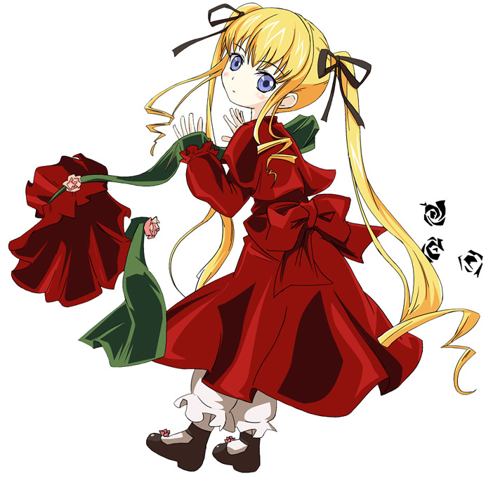 blonde_hair blue_eyes bonnet bowtie_removed full_body hat hat_removed headwear_removed ixy long_hair long_sleeves looking_at_viewer mary_janes rozen_maiden shinku shoes simple_background solo white_background