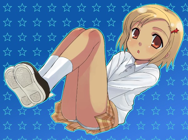 :o angol_mois blonde_hair blue_background brown_eyes brown_skirt dark_skin full_body hair_ornament hairclip keroro_gunsou leaning_back long_sleeves looking_at_viewer otoutogimi parted_lips plaid plaid_skirt pleated_skirt shirt shoe_soles simple_background sitting skirt solo star white_shirt