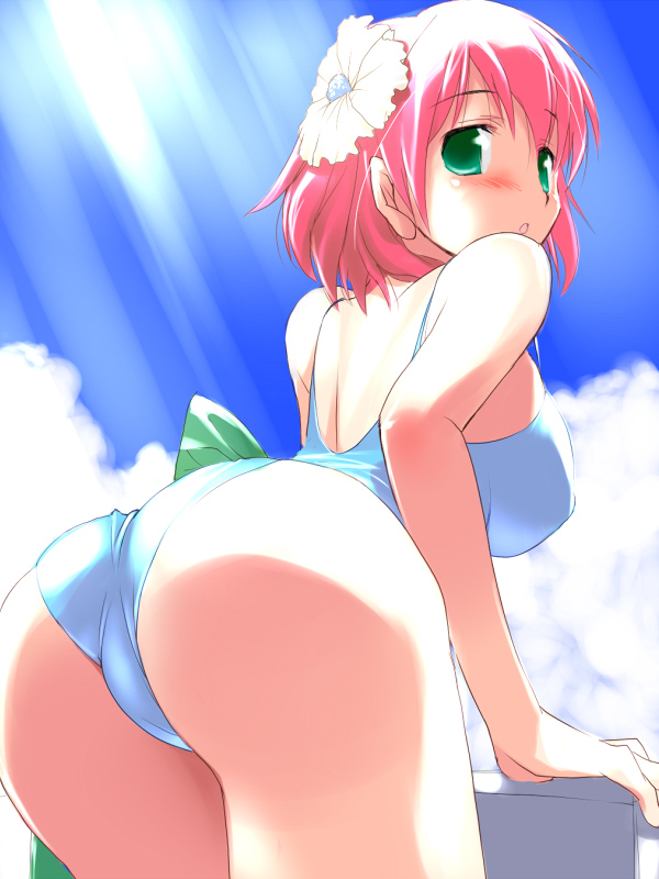 :o ass bare_shoulders blush breasts casual_one-piece_swimsuit cloud dancer day final_fantasy final_fantasy_v flower from_behind green_eyes hair_flower hair_ornament hima large_breasts leaning_forward lenna_charlotte_tycoon light_rays looking_back one-piece_swimsuit pink_hair sky solo sunbeam sunlight swimsuit trefoil