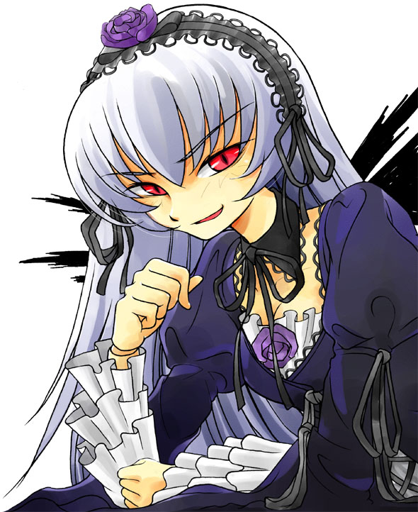 :d black_wings dress flower frilled_sleeves frills gofu hairband lolita_hairband long_hair long_sleeves looking_at_viewer open_mouth purple_dress red_eyes rose rozen_maiden simple_background smile solo suigintou upper_body white_background wings