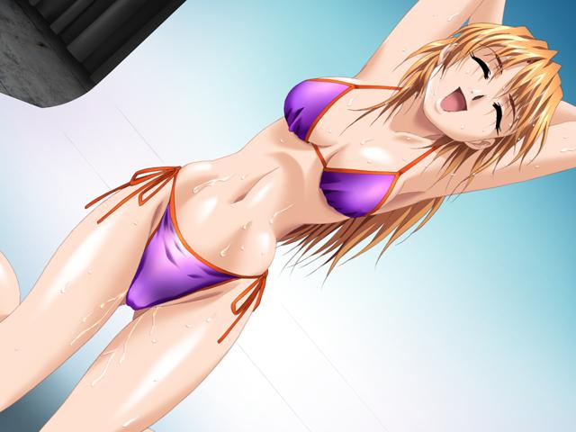 armpits arms_behind_head bikini breasts closed_eyes dutch_angle game_cg happy kneeling long_hair medium_breasts meshimase_idol navel orange_hair rindou_aya_(meshimase_idol) shadow_(artist) side-tie_bikini solo swimsuit wet