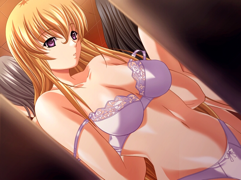 alsia_elgrant blonde_hair bow bow_panties bra game_cg lingerie long_hair m&amp;m magical_witch_academy panties purple_bra purple_eyes purple_panties solo strap_slip underwear underwear_only undressing