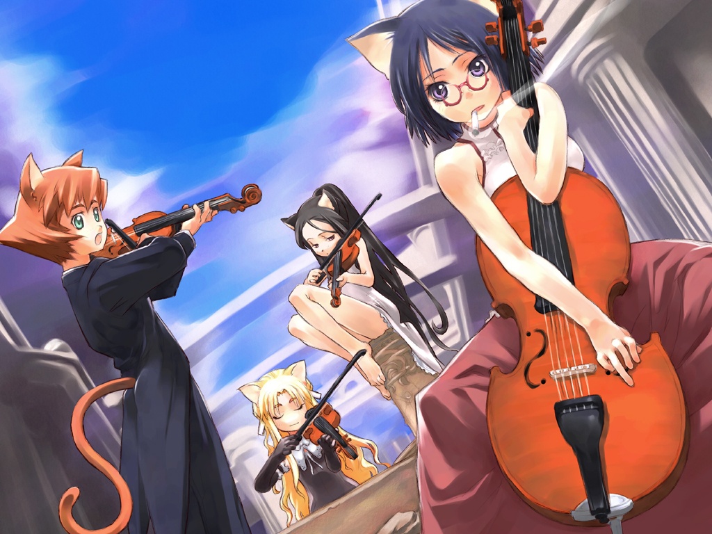 animal_ears artist_request cat_ears cello instrument multiple_girls music original tail violin