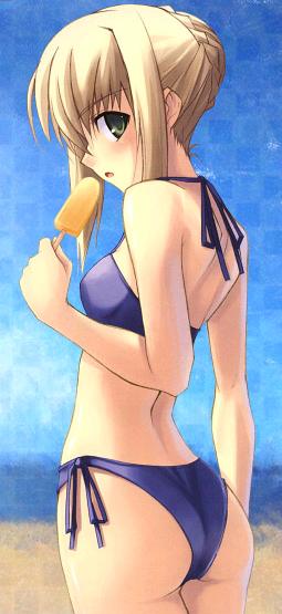 artoria_pendragon_(all) ass back bikini blonde_hair day fate/stay_night fate_(series) food from_behind green_eyes hair_up popsicle saber shingo_(missing_link) side-tie_bikini solo swimsuit