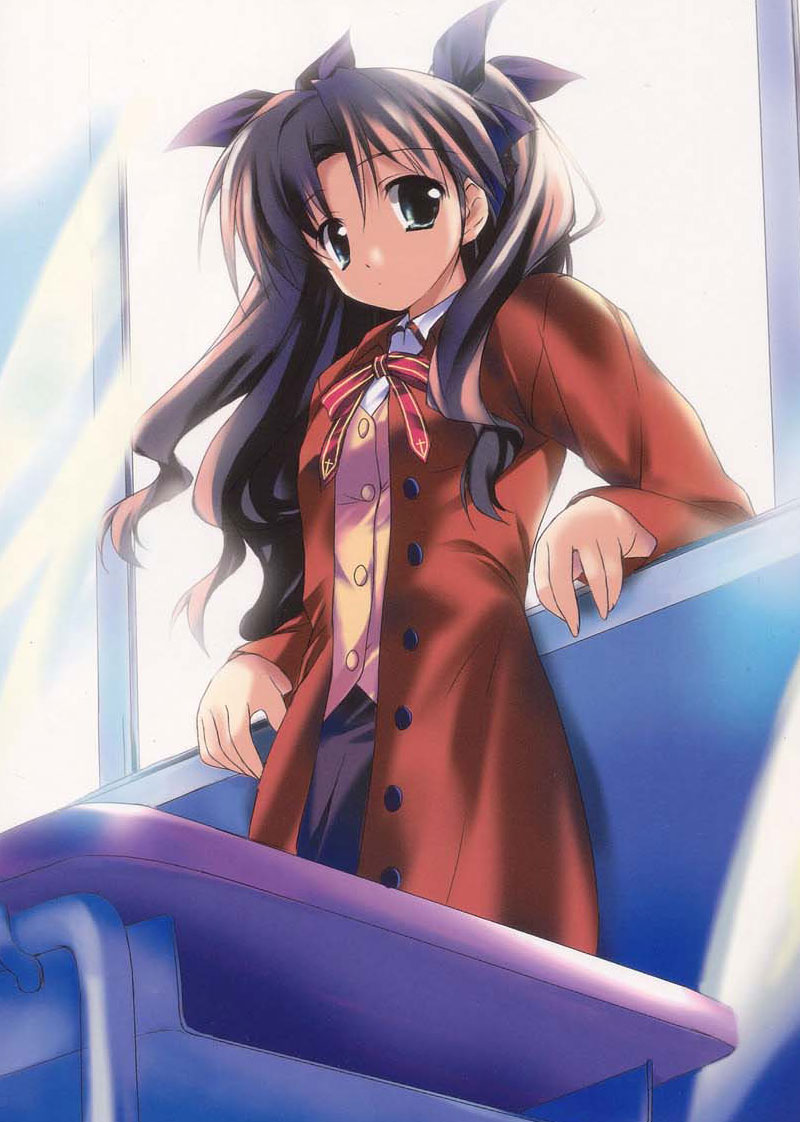 artist_request black_hair fate/stay_night fate_(series) hair_ribbon jpeg_artifacts long_hair long_sleeves ribbon solo toosaka_rin two_side_up