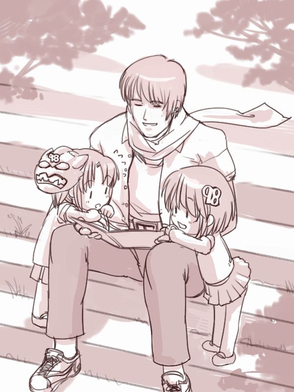 98-tan 98se-tan artist_request book child mask monochrome multiple_girls os-tan pink scarf short_hair sitting sitting_on_stairs stairs standing tree younger