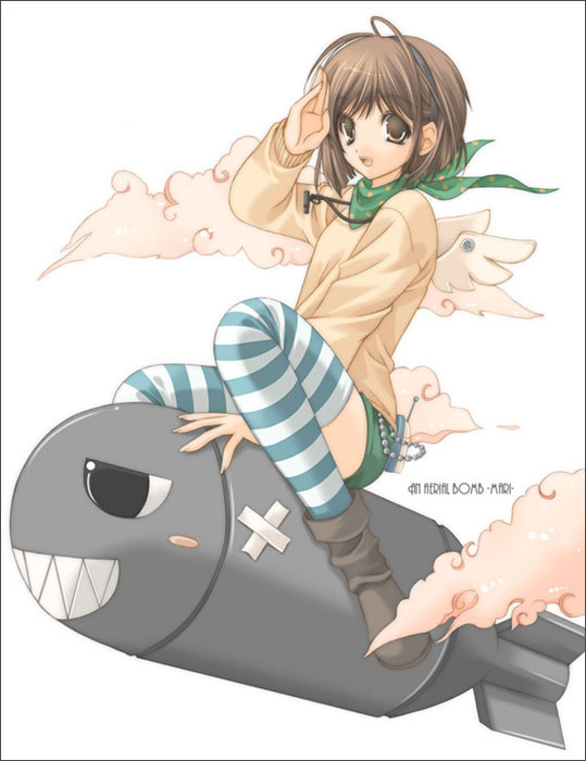 :d bomb brown_eyes brown_hair copyright_request maki_chitose open_mouth salute smile solo striped striped_legwear thighhighs wings