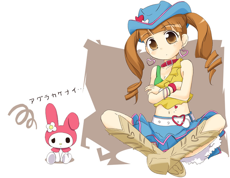 belt boots breasts brown_hair cleavage collar cowboy_hat crossed_arms drill_hair earrings hat heart indian_style ixy jewelry legs long_hair looking_at_viewer midriff my_melody onegai_my_melody sitting small_breasts solo twintails western yumeno_uta