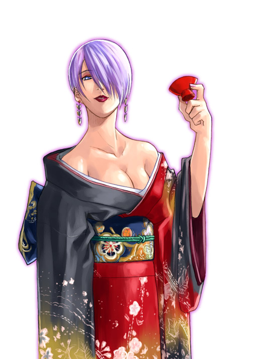 alcohol artist_request bare_shoulders breasts cleavage earrings isabella_valentine japanese_clothes jewelry kimono large_breasts long_sleeves off_shoulder purple_hair sake solo soulcalibur whip_sword