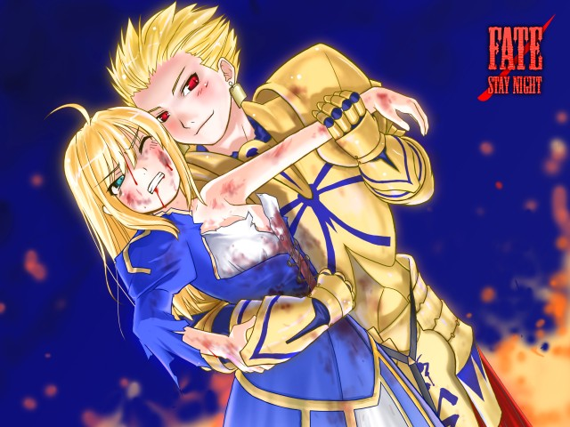 1girl armor artoria_pendragon_(all) blonde_hair blood blood_on_face blush clenched_teeth copyright_name fate/stay_night fate_(series) fire gilgamesh grabbing mozu_(peth) saber smirk teeth torn_clothes