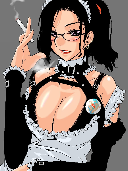 artist_request breasts cigarette cleavage copyright_request glasses huge_breasts maid smoking solo