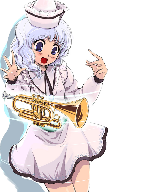 :d arms_up bangs blue_eyes capelet dress hat head_tilt instrument long_hair long_sleeves merlin_prismriver open_mouth pink_skirt silver_hair simple_background skirt smile solo standing touhou trumpet wavy_hair white_background white_hair yuu_(kfc)