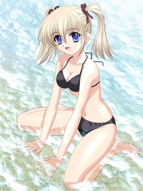 2003 :d barefoot bikini black_bikini blonde_hair blue_eyes breasts cleavage commentary looking_at_viewer masakichi_(crossroad) medium_breasts open_mouth original partially_submerged sitting smile solo swimsuit twintails wariza water