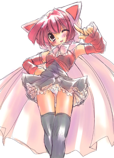 :p ;p animal_ears animal_hood artist_request black_legwear blush cape cat_ears cat_hood copyright_request dress from_below hood lingerie one_eye_closed panties petticoat pink pink_cape solo standing thigh_gap thighhighs tongue tongue_out underwear white_panties wind wind_lift