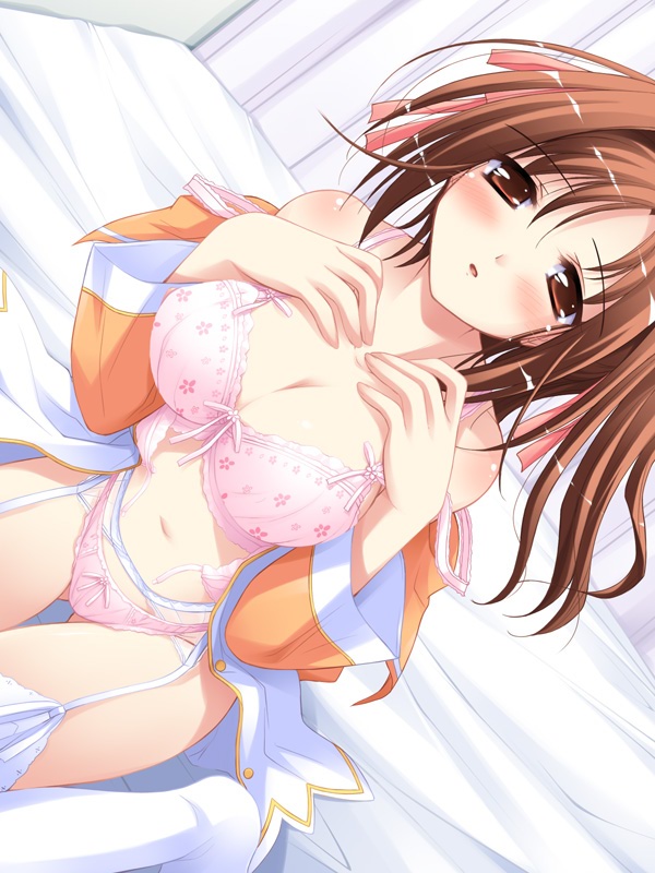 bed bra breasts game_cg garter_belt happiness! kamisaka_haruhi ko~cha large_breasts lingerie orange_shirt panties shirt solo thighhighs underwear