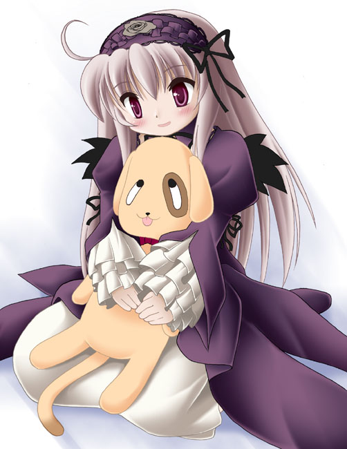 ahoge artist_request bad_anatomy black_wings dress hairband holding kunkun long_hair long_sleeves rozen_maiden silver_hair simple_background sitting solo stuffed_animal stuffed_dog stuffed_toy suigintou wings