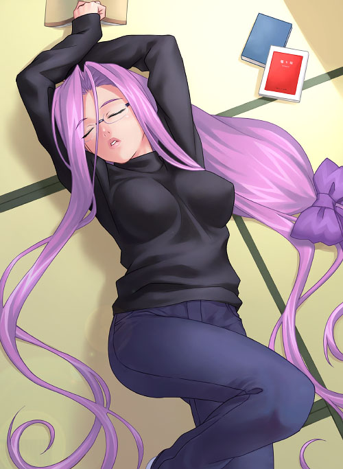 book casual closed_eyes fate/stay_night fate_(series) glasses lips long_hair long_sleeves low-tied_long_hair lying on_back parted_lips rider sleeping solo tatami turtleneck very_long_hair zen