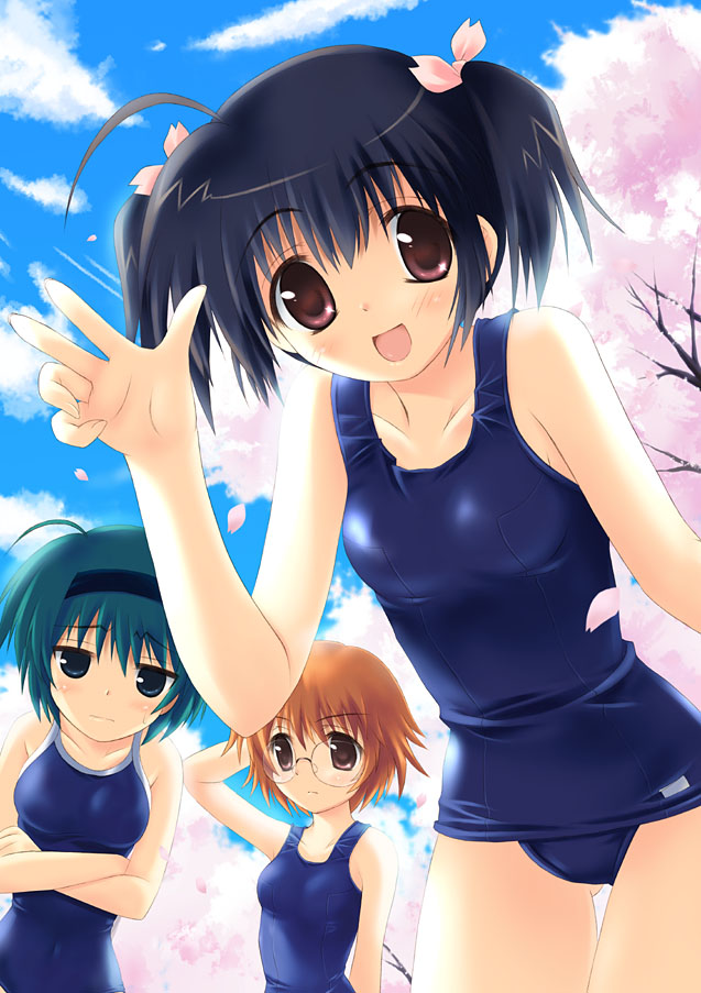 :d :| ahoge aqua_hair arm_up ass_visible_through_thighs backlighting bangs black_hair blue_eyes blue_swimsuit blush breasts brown_hair cherry_blossoms closed_mouth cloud collarbone competition_school_swimsuit condensation_trail covered_collarbone covered_navel cowboy_shot crossed_arms day embarrassed eyebrows_visible_through_hair glasses hair_between_eyes hair_ribbon hairband half-closed_eyes hand_behind_head happy hips kouzuki_hajime leaning_forward legs_together looking_at_viewer medium_breasts multiple_girls nose_pads old_school_swimsuit one-piece_swimsuit open_mouth outdoors petals pink_eyes pink_ribbon raised_eyebrows ribbon rimless_eyewear round_eyewear school_swimsuit short_hair short_twintails sky small_breasts smile sweatdrop swimsuit thigh_gap to_heart_2 tree twintails upper_body yamada_michiru yoshioka_chie yuzuhara_konomi