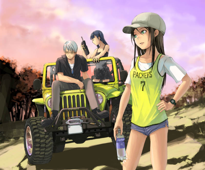 2girls bare_shoulders black_hair bottle brown_hair cabbie_hat car clothes_writing denim denim_shorts dress drink glasses green_eyes ground_vehicle hat jeep jersey long_hair motor_vehicle multiple_girls original radio shorts watch wristwatch yoneda_taishou