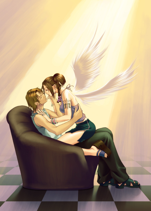 1girl angel_wings artist_request bracelet braid brown_hair chair character_request copyright_request couple hetero holding_hands imminent_kiss jewelry long_hair pencil_skirt ponytail sandals sitting sitting_on_lap sitting_on_person skirt source_request tattoo wings