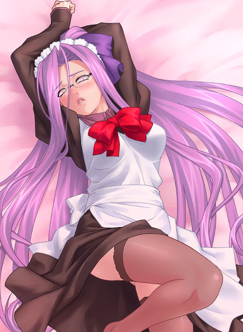 alternate_costume apron arms_up bow enmaided fate/stay_night fate_(series) glasses lips long_hair long_sleeves looking_at_viewer maid parted_lips purple_hair rider solo thighhighs very_long_hair zen