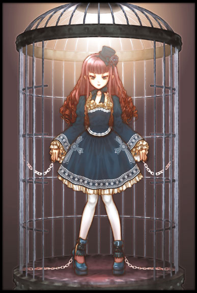 bdsm blue_eyes bondage bound cage chain copyright_request frills gothic gothic_lolita hat knees_together_feet_apart lolita_fashion long_sleeves mini_hat mini_top_hat red_hair ringlets ryuuran solo thighhighs top_hat