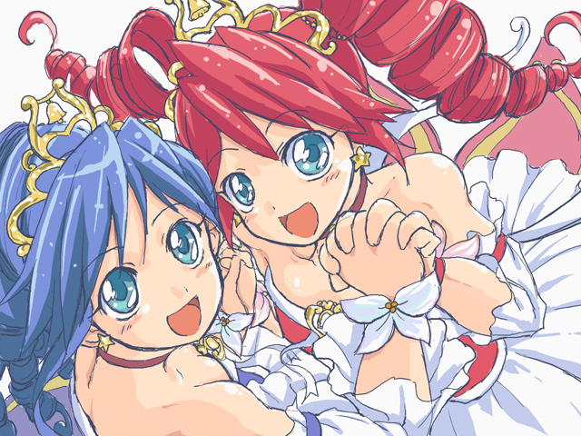 :d bare_shoulders bell blue_eyes blue_hair blush choker detached_sleeves dress drill_hair earrings fine fushigiboshi_no_futago_hime fushigiboshi_no_futago_hime_gyu holding_hands interlocked_fingers jewelry maybe multiple_girls open_mouth red_hair rein simple_background smile strapless strapless_dress tiara twin_drills white_background white_dress wrist_cuffs
