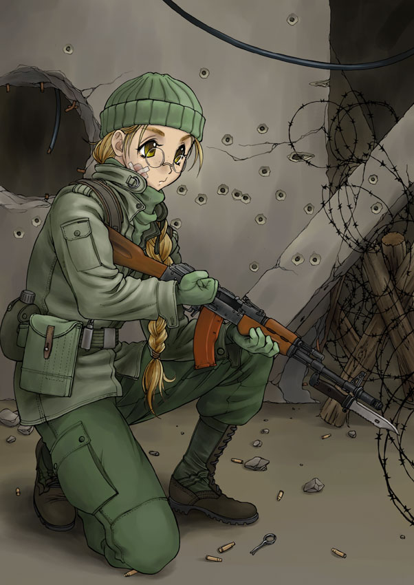 ak-74 artist_request assault_rifle bandages barbed_wire bayonet belt belt_pouch braid brown_hair bullet_hole canteen copyright_request glasses gun long_sleeves military military_operator military_uniform one_knee pouch rifle shell_casing single_braid solo uniform utility_belt weapon yellow_eyes