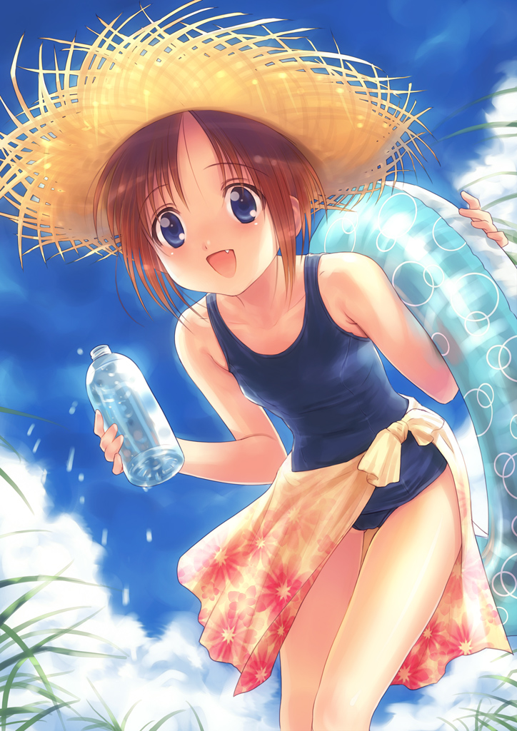 beach copyright_request day fang goto_p hat innertube one-piece_swimsuit outdoors school_swimsuit solo summer swimsuit water
